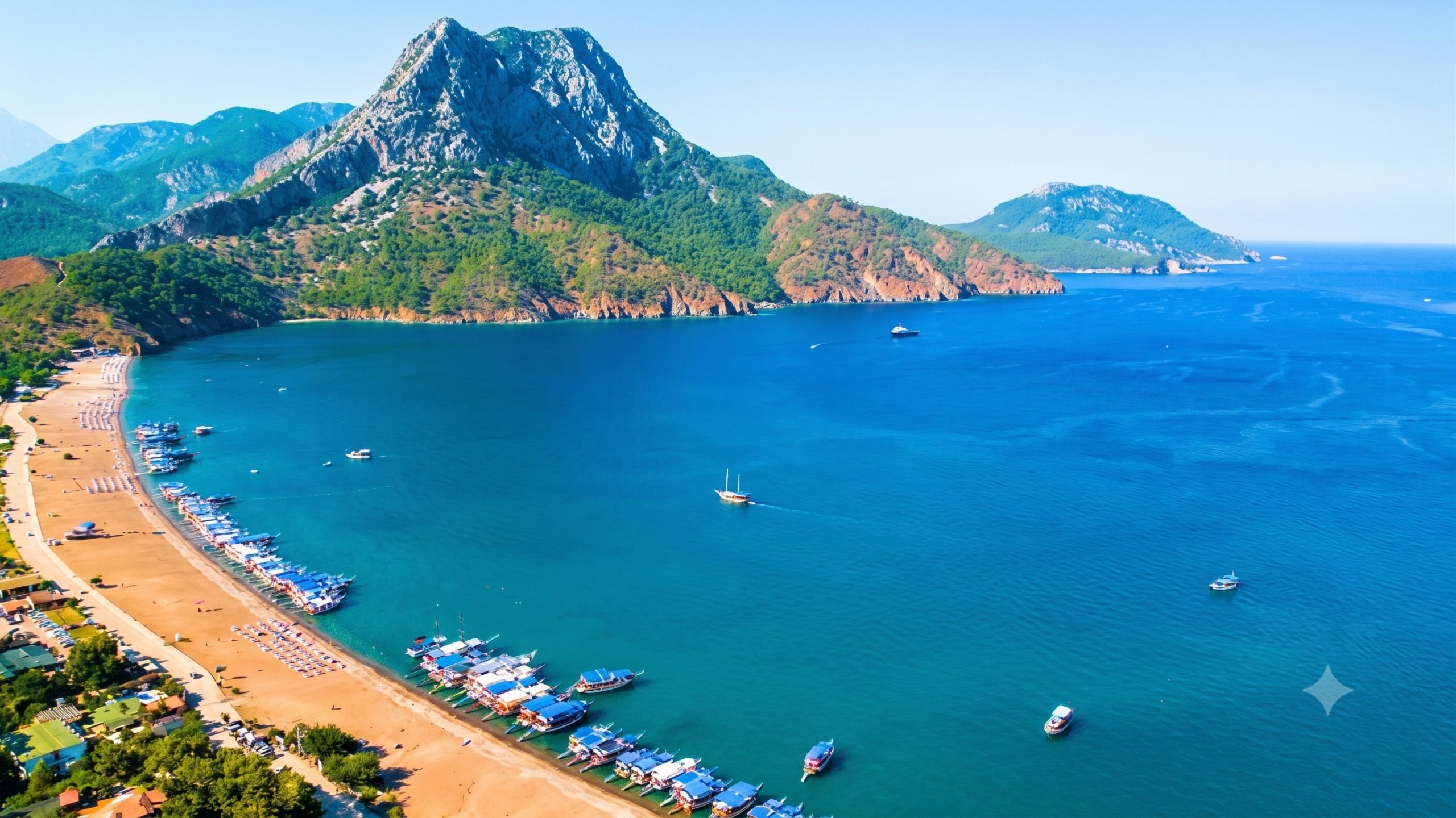 Panoramic aerial view of Adrasan Bay beach and blue sea in Antalya