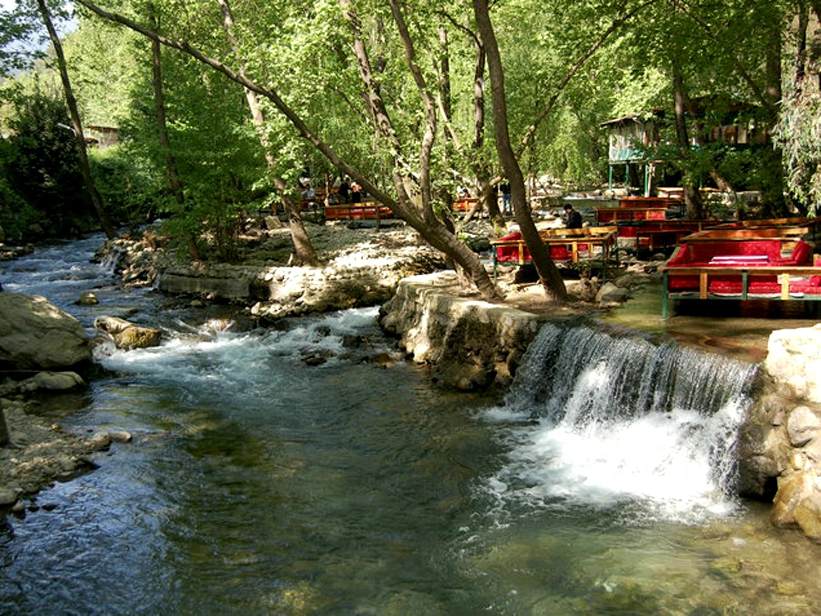 Ulupinar river restaurants with wooden water platforms over cold spring streams Antalya