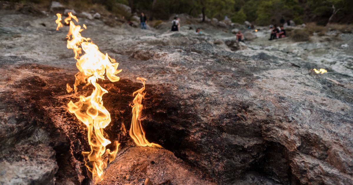 Chimaera Yanartaş eternal flames burning from rocks in Olympos Antalya